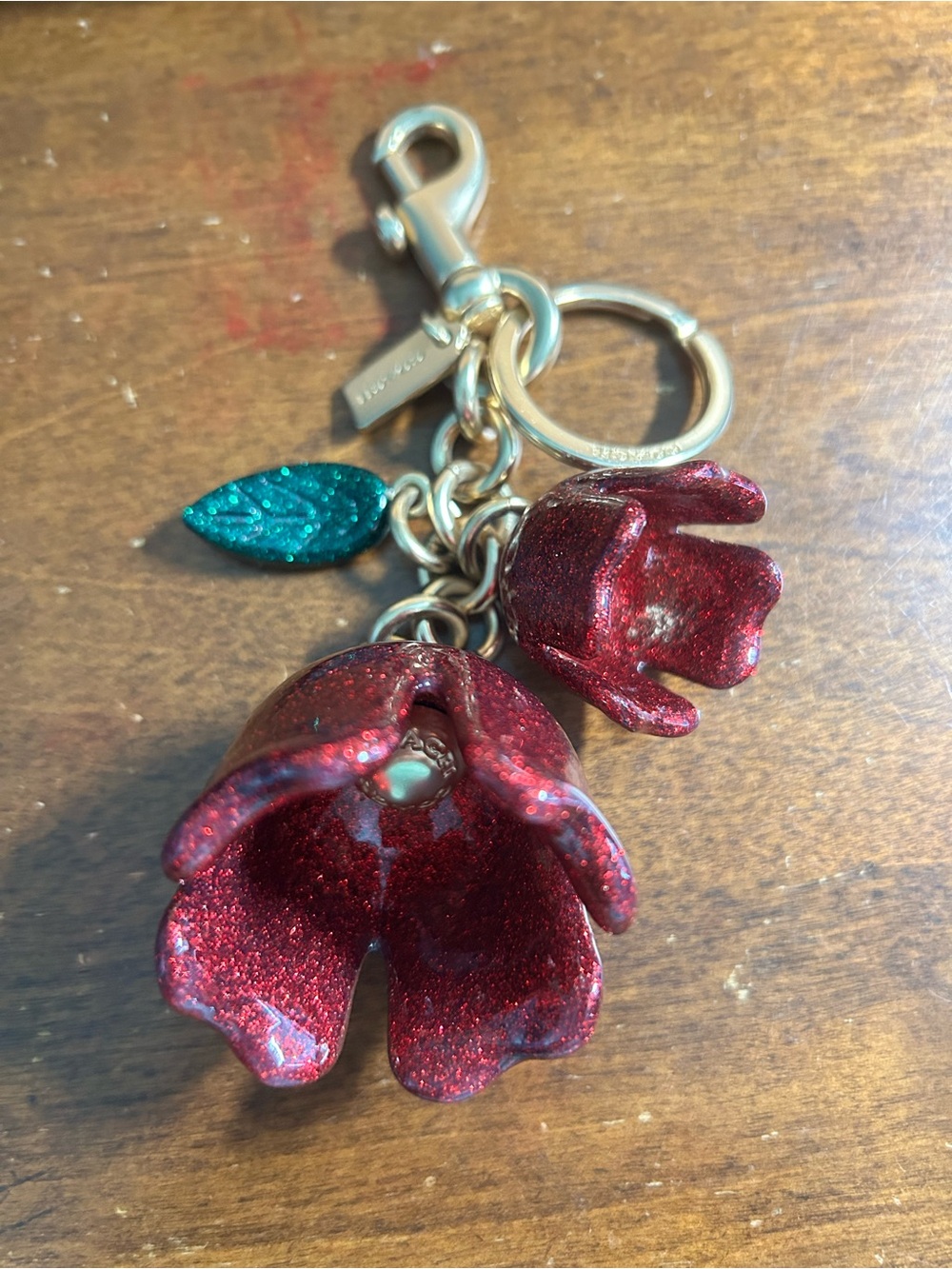 Coach Resin Red Glitter Tea Rose Green Leaf Handbag Charm Keychain - Picture 6 of 8